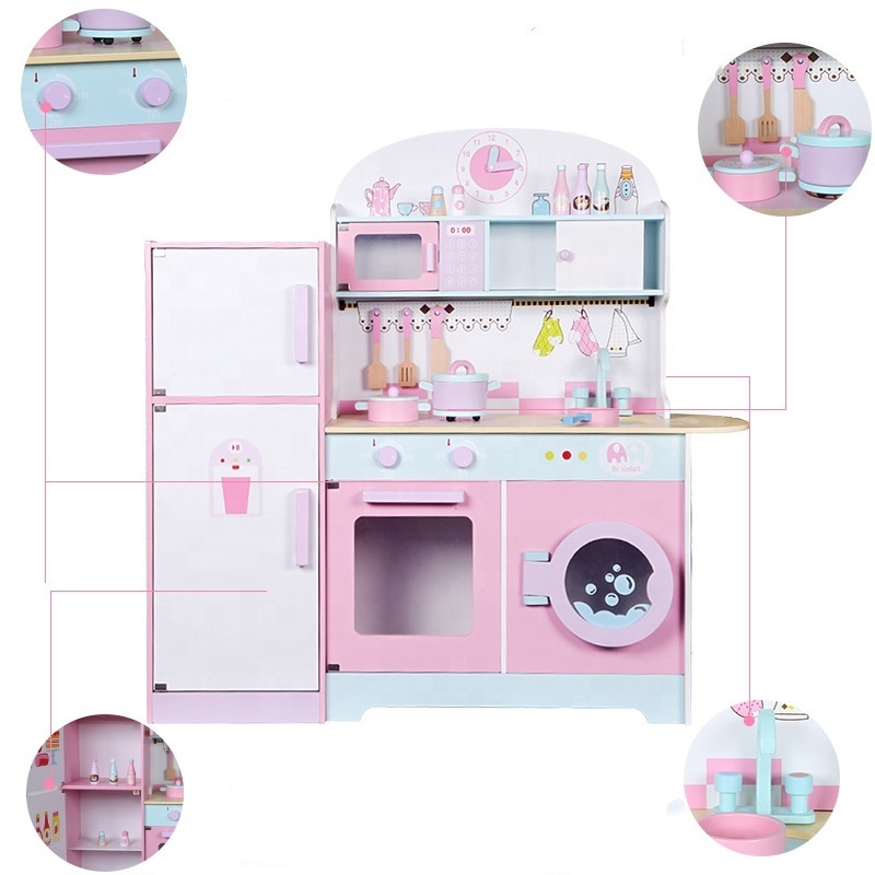 Kitchen Refrigerator Toy Pink Large Pretend Playing Educational Wooden for Girls Unisex Kids Kitchen Set Wood Preschool Toy 1box