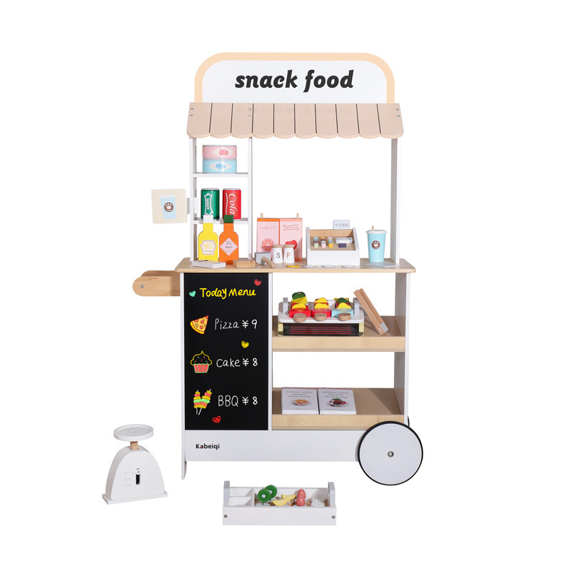 Children Wooden Role Play Snack Cart Kitchen Set Educational Pretend Supermarket Shopping Car Toys For Kids