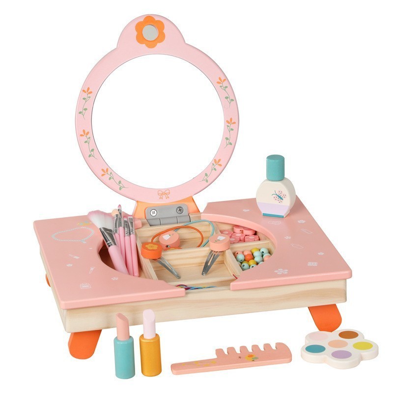 Baby Wooden Role Play Pink Foldable Dresser Make Up Table Educational Learning Cosmetics Pretend Toys For Girls Kids