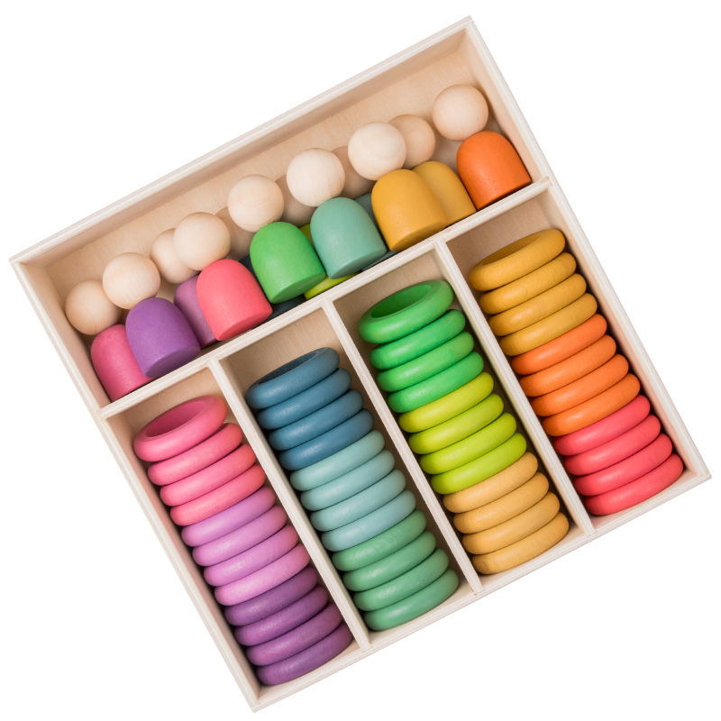 2023 New Children Wooden Rainbow Doll Peg Ring Blocks Game Montessori Educational Matching Sensory Toys For Kids