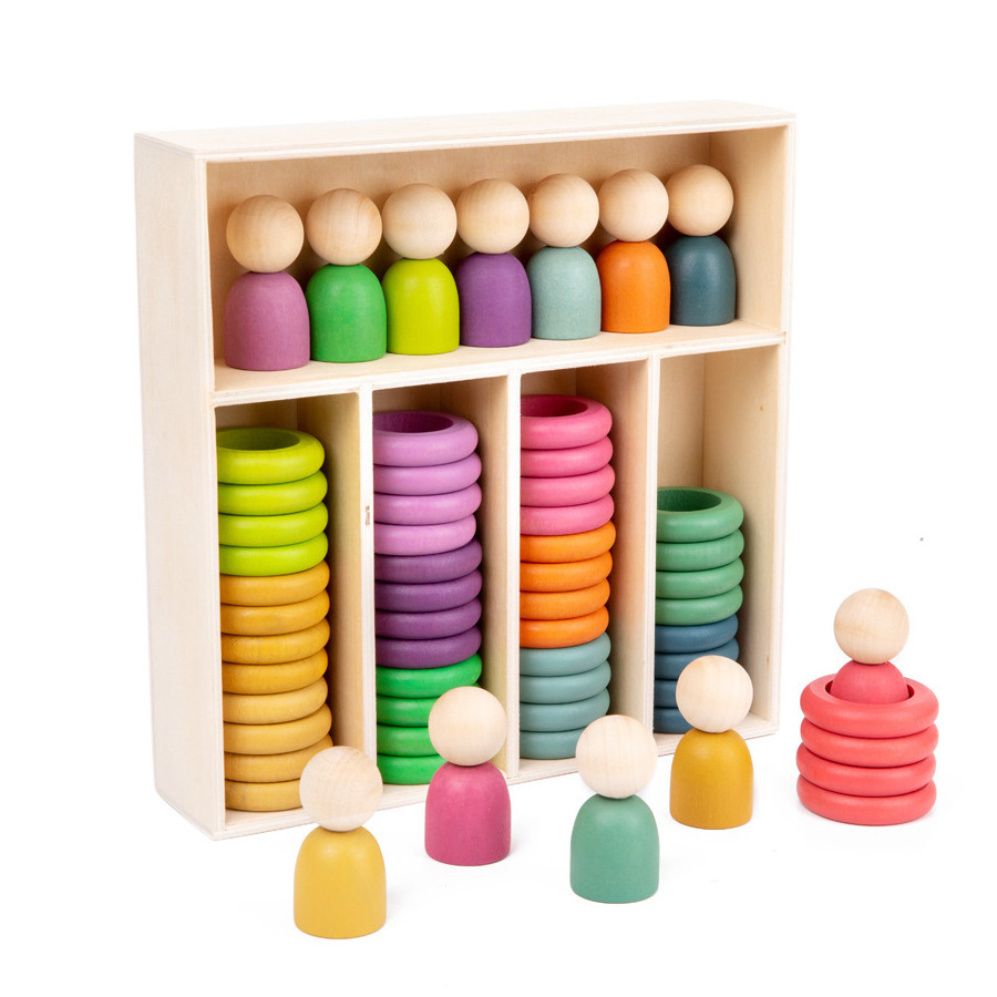 2023 New Children Wooden Rainbow Doll Peg Ring Blocks Game Montessori Educational Matching Sensory Toys For Kids