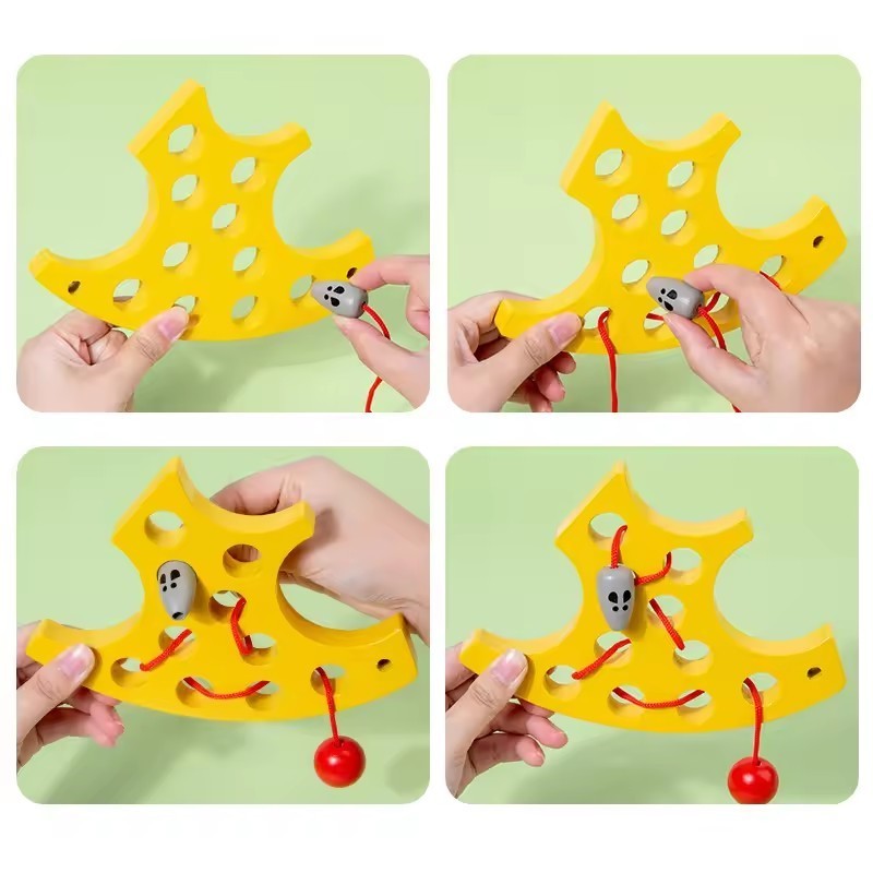 Montessori early education children's wooden cheese threading game fine action threading board parent-child educational toys