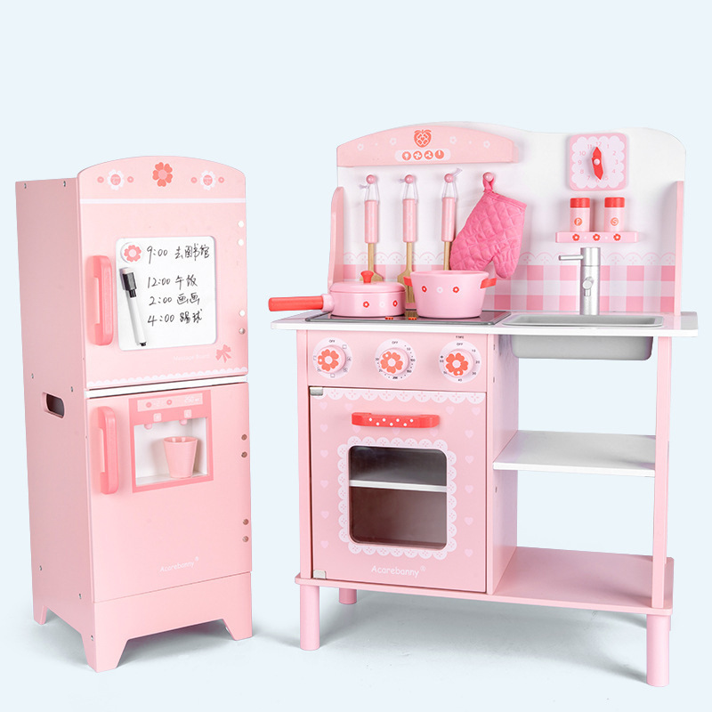 Baby Wooden Role Play Simulation Cooking Kitchen Set Educational Princess Pink Pretend House Toys For Kids