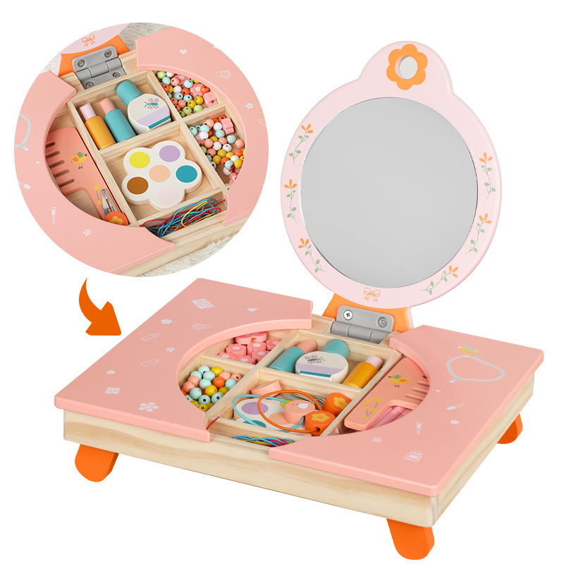 Baby Wooden Role Play Pink Foldable Dresser Make Up Table Educational Learning Cosmetics Pretend Toys For Girls Kids