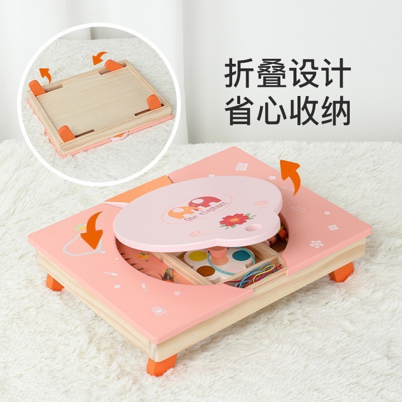 Baby Wooden Role Play Pink Foldable Dresser Make Up Table Educational Learning Cosmetics Pretend Toys For Girls Kids