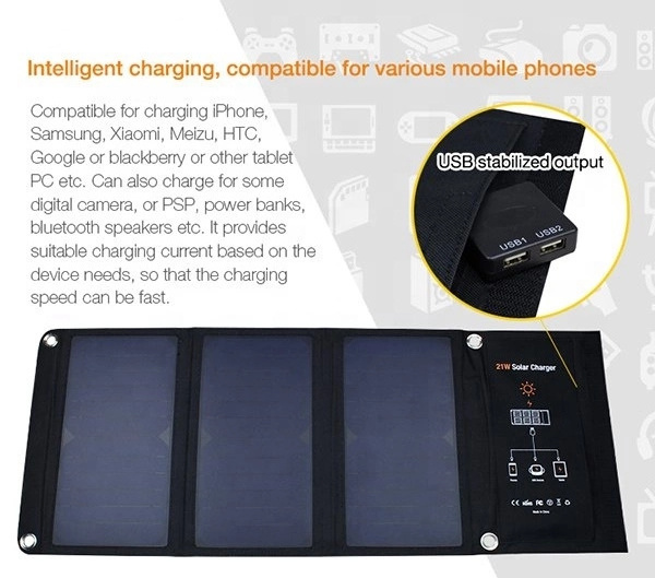 Portable solar charger for Camping Hiking Travel 21W Foldable Solar Panel Phone Charger for phones laptop and camera