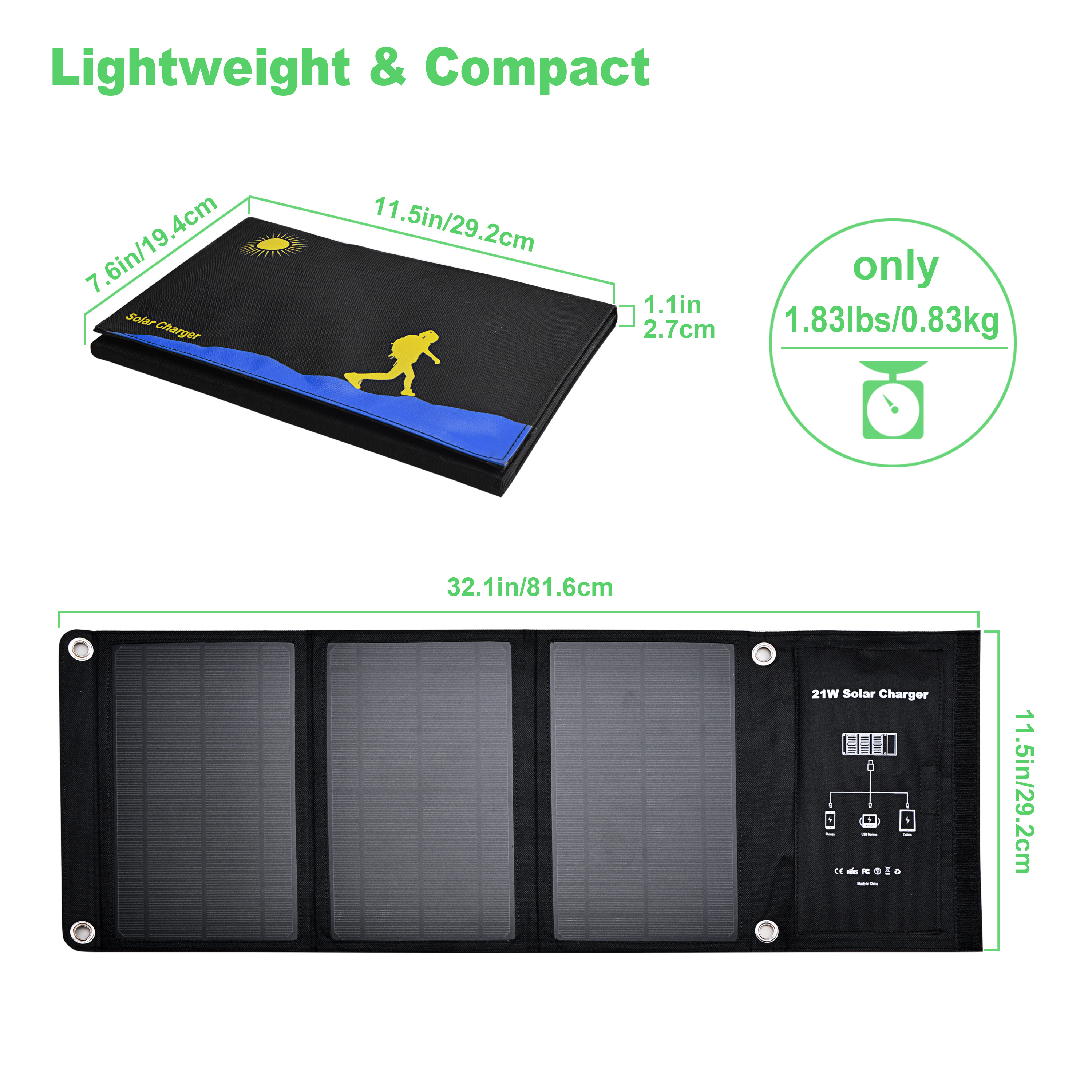 Portable solar charger for Camping Hiking Travel 21W Foldable Solar Panel Phone Charger for phones laptop and camera