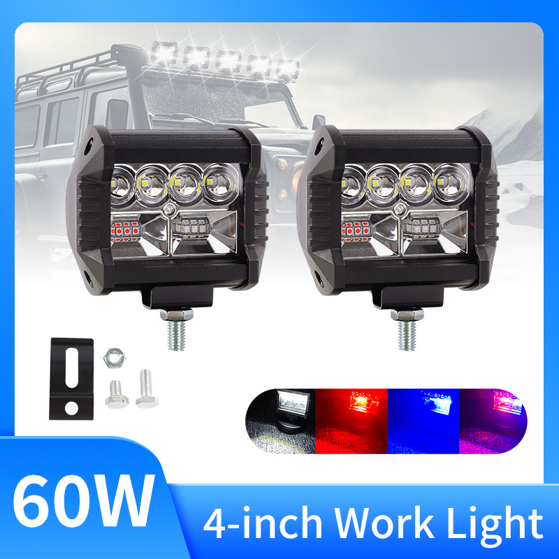 4 Inch Strobe LED Work Light Flood Spot Lights 12-36V 60W Red Blue Flash Super Bright Driving Lamp for Offroad Accessories