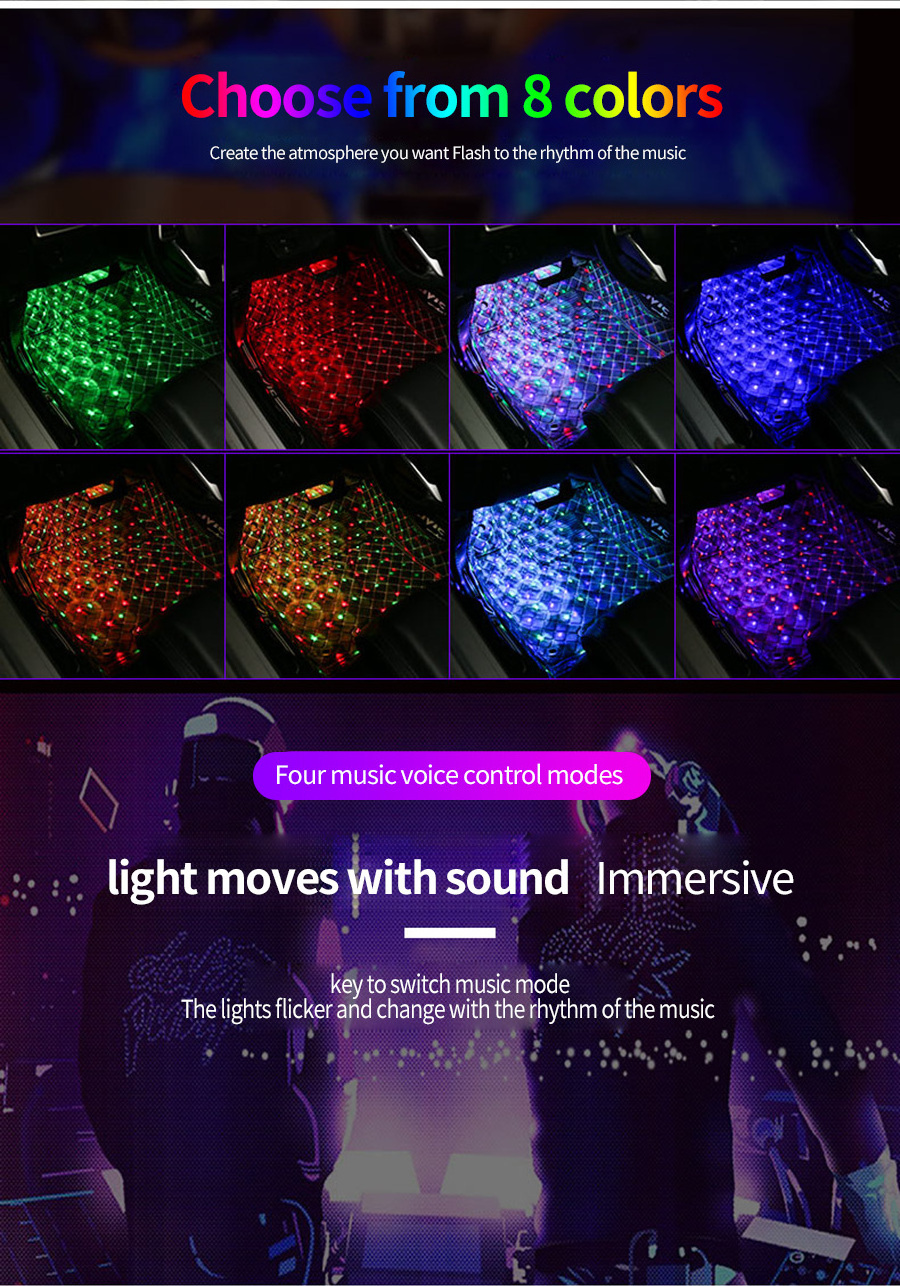 4PCS Led Car Foot Star Starry Light Multicolor Ambient Star Light DJ RGB Colorful Music Sound Lamp Interior Decorative Light