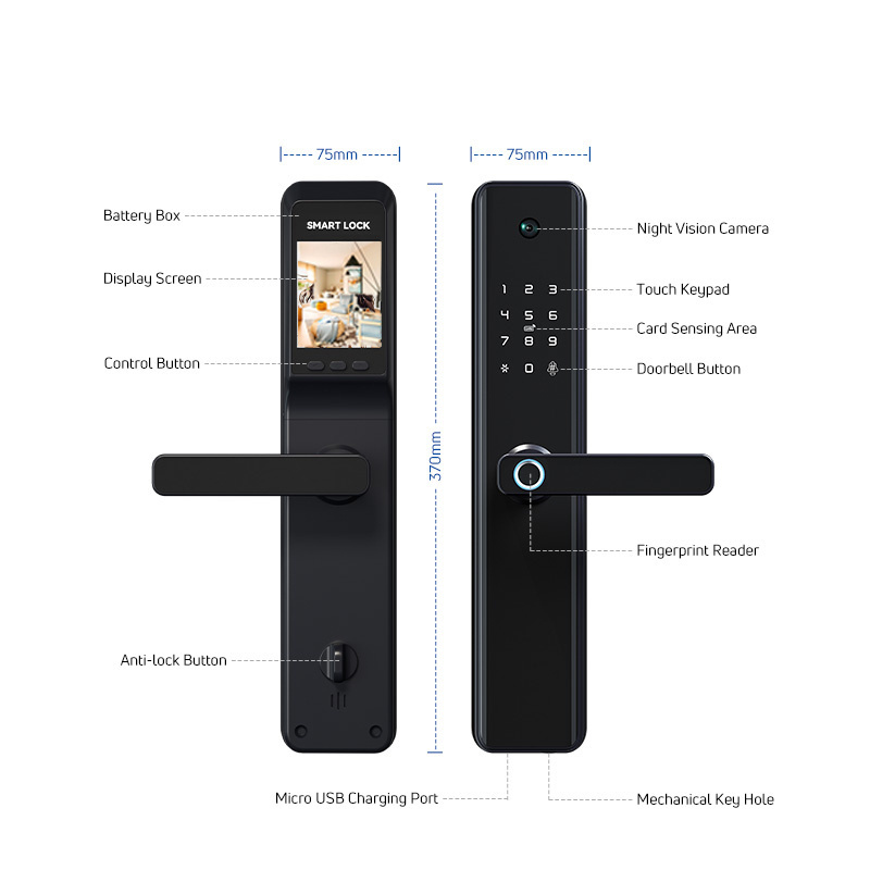 Senleean Fingerprint Password Anti theft Electrical Panel USB Security Handle Smart American Main Door Lock Camera