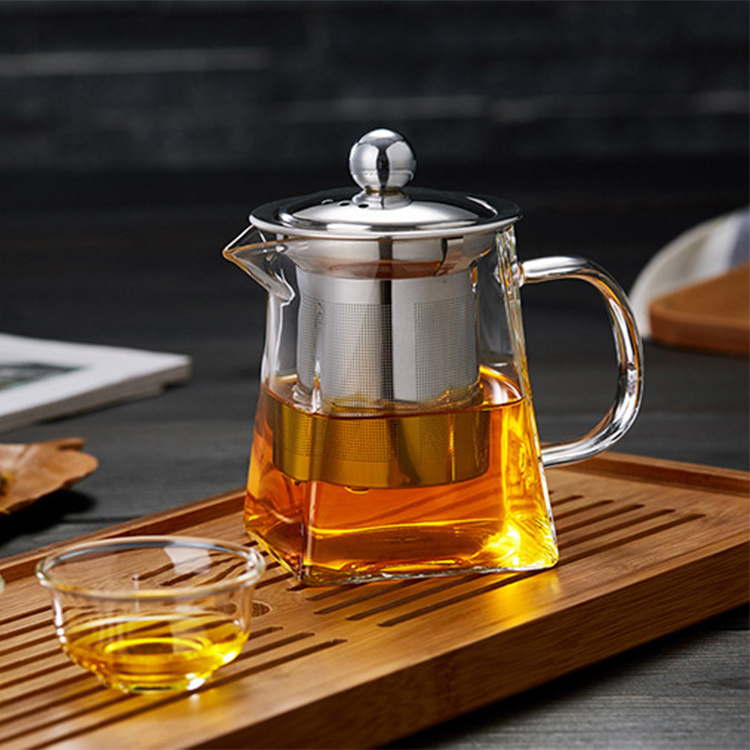 OEM service  glass square teapot with stainless steel infuser and lid bamboo handle glass teapot