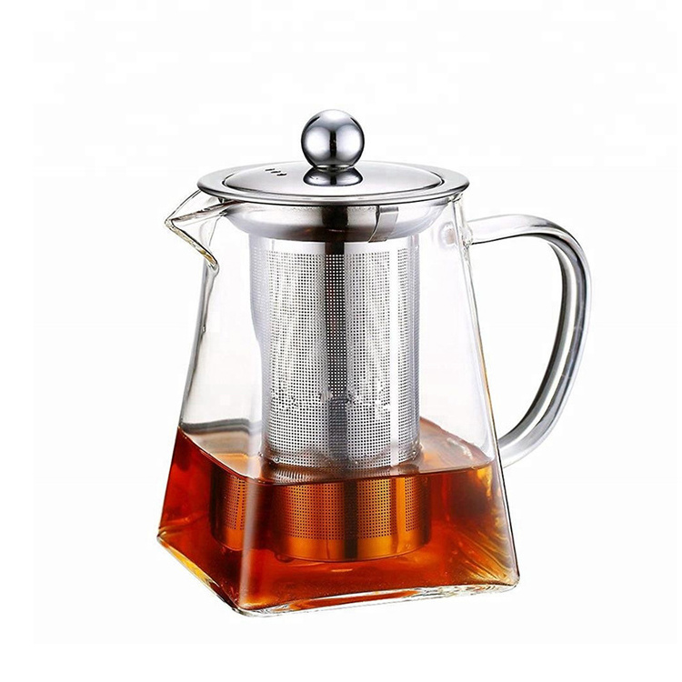 OEM service  glass square teapot with stainless steel infuser and lid bamboo handle glass teapot