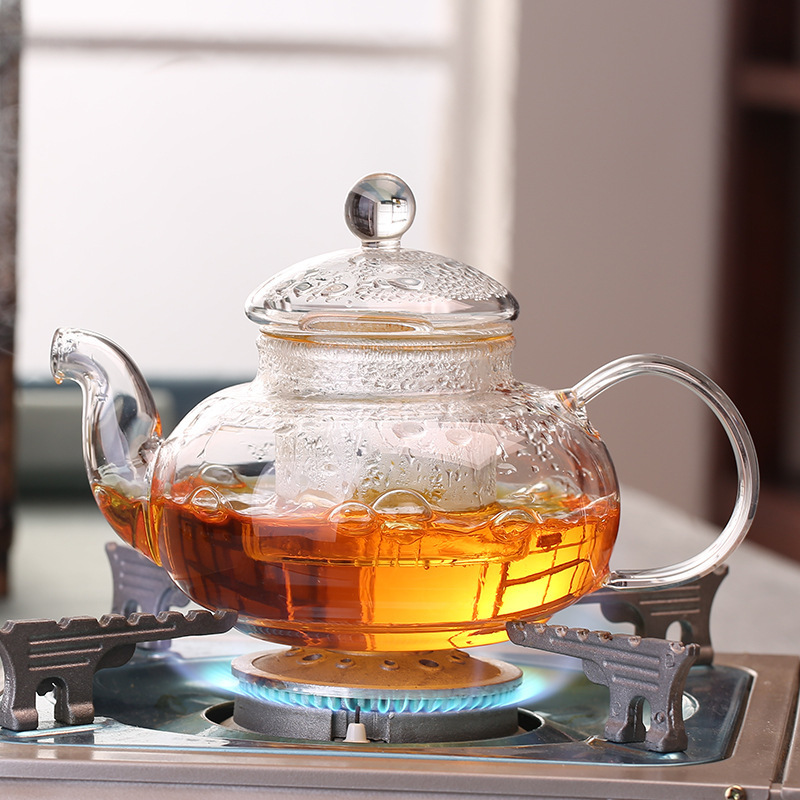 Modern 800ML heat resistant glass tea set with wood tray borosilicate teapot with glass infuser Warmer and cups set