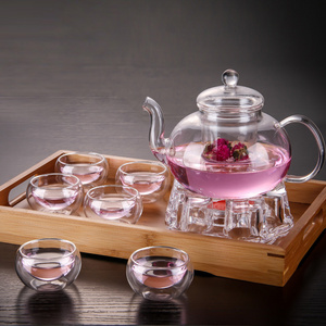 Modern 800ML heat resistant glass tea set with wood tray borosilicate teapot with glass infuser Warmer and cups set