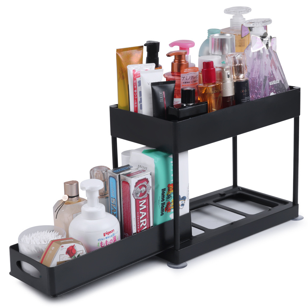 Storage-  Black white under kitchen sink organizers and storage 2 tier under sink organizer