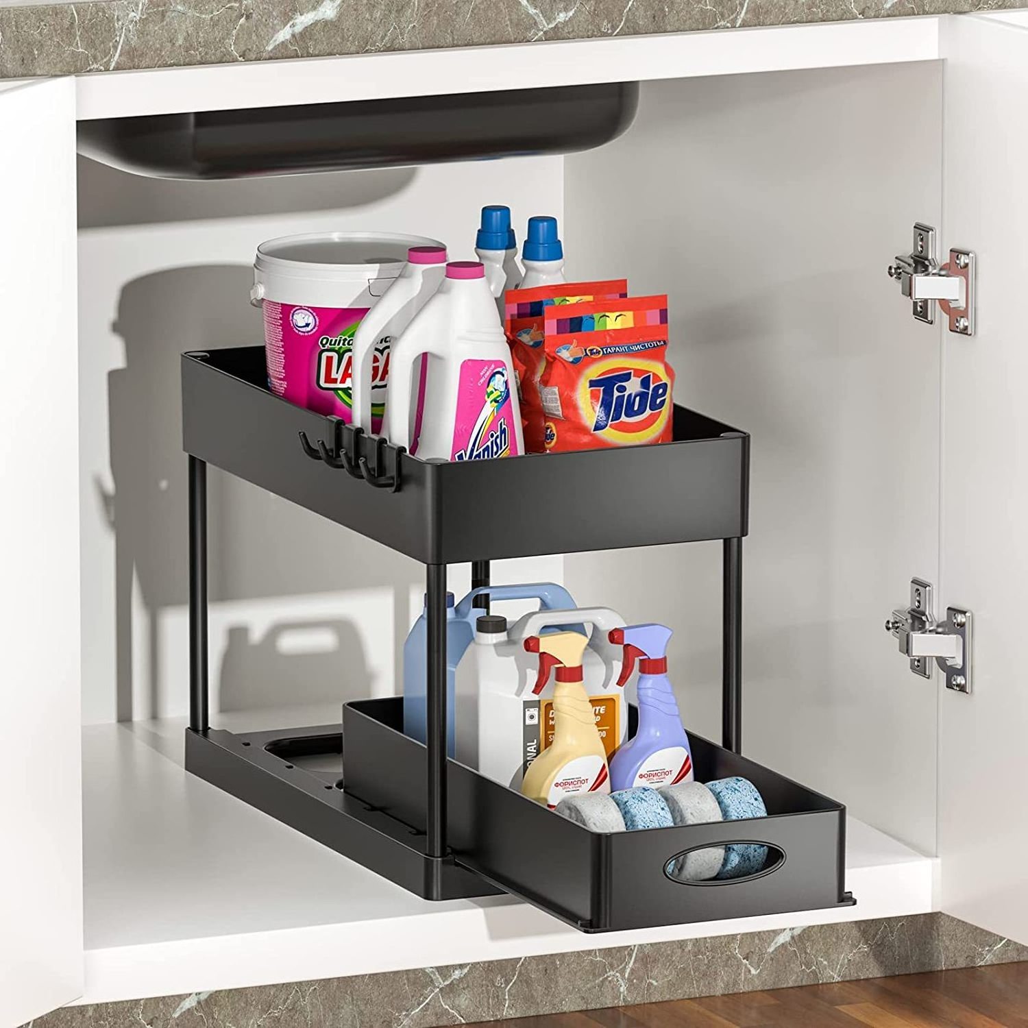 Storage-  Black white under kitchen sink organizers and storage 2 tier under sink organizer