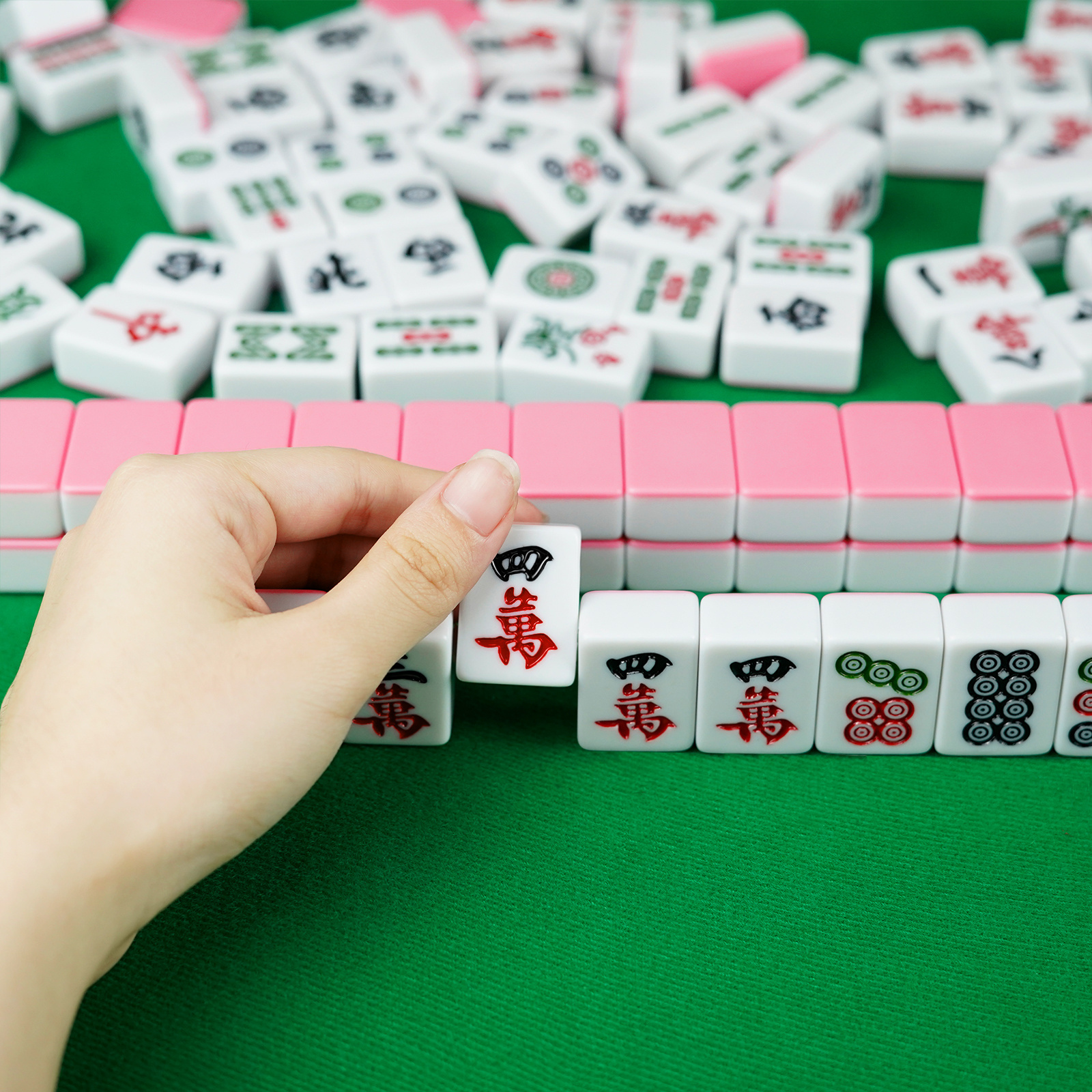 Mah-Jong Chinese gift Board Game Entertainment Mahjong Set 144 Tiles 30mm mahjong tiles pink&blue solid color