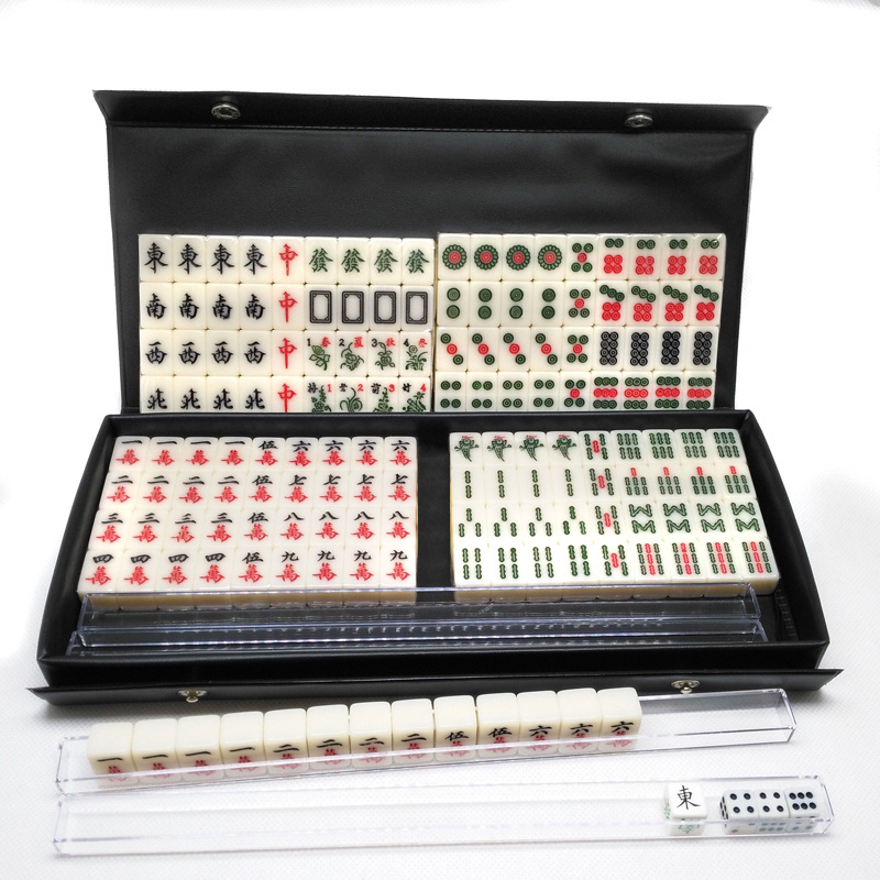 custom Hot Sale Black Box 2.0 China Mini Travel Portable Mahjong set ivory Topaz Green White with U Shape Ruler