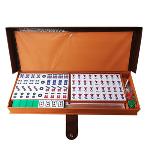 Taiwan Mahjong Game Set - Double Layer 144 tiles, 4 Rules, 3 Dices, 1 Weather Flag and Lazhuang, Poker Chips -Brown PVC Long Box