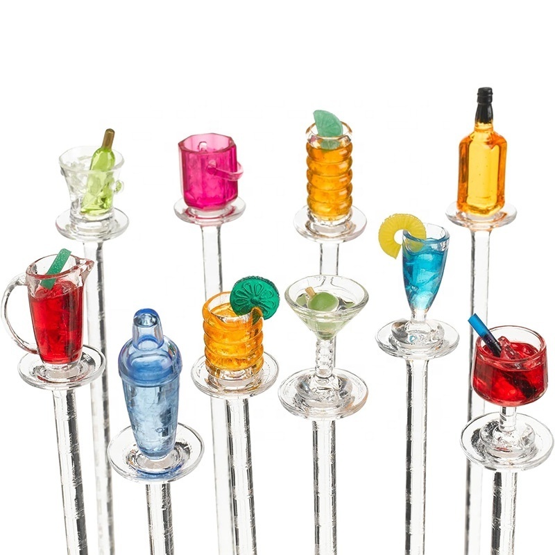 Colorful 10 Pcs Clear Beverage Stirrers Cocktail Drink Stirrers Plastic Buffet Sticks For Fruits Cocktail Bars Cafes Restaurants