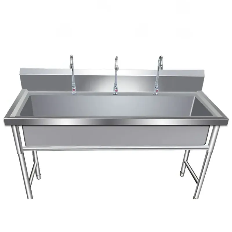 Commercial Kitchen Light Grey Rectangular Stainless Steel Sinks With Automatic Faucets for Restaurant or Hotel