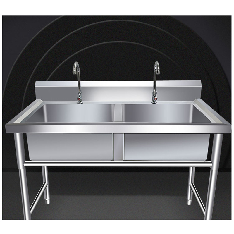 Commercial Kitchen Light Grey Rectangular Stainless Steel Sinks With Automatic Faucets for Restaurant or Hotel