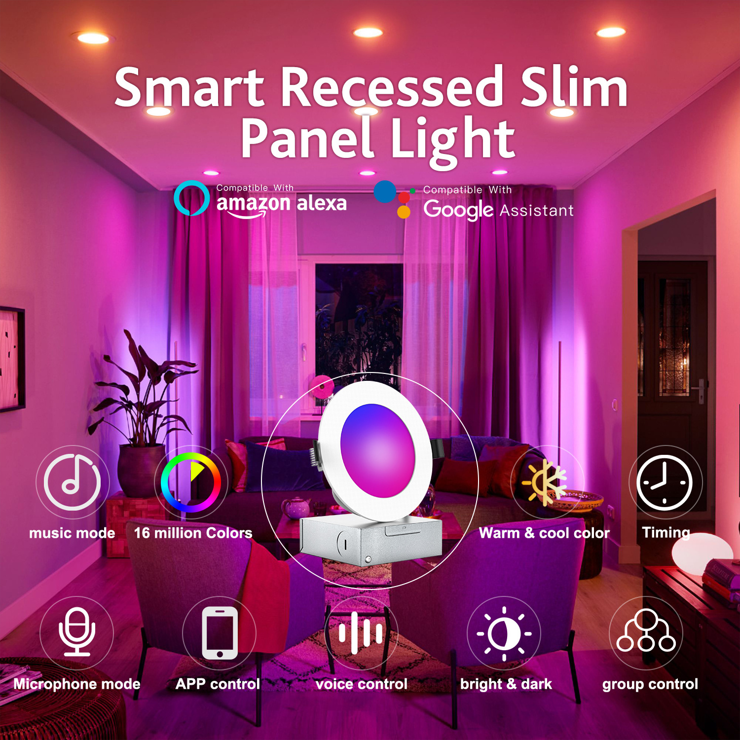 Smart Slim Recessed Pot Light 4IN 9W RGBCW by WIFI APP & Voice Control LED Panel Light Compatible with Alexa/Google Home