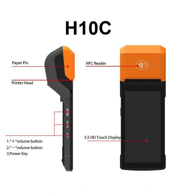 H10C New Design 5.5 Inch Touch Screen All In One Handheld Android Pos Machine with 58mm Thermal Printer Portable POS