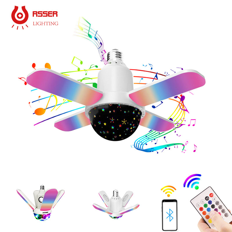 Factory Special Energy Saving RGBW BT Playable Music Projection Christmas Day Star Gift Folding LED Fan Leaf light Bulb