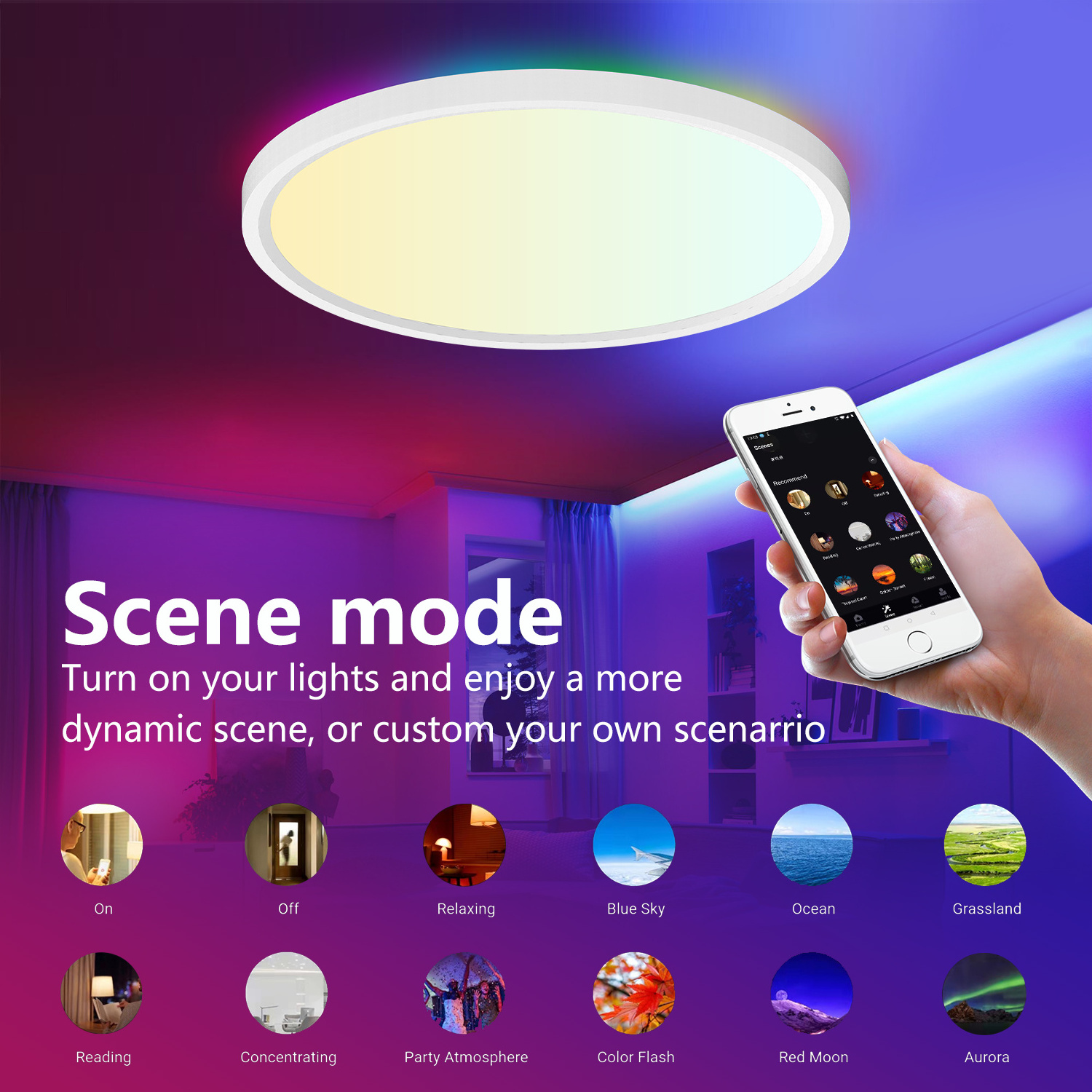 New modern ultra thin WIFI APP Support Google and Alexa smart RGB CCT color changing smart LED ceiling light