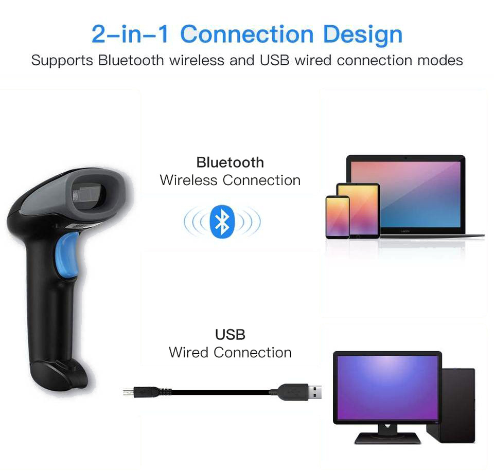 Hot Sale Bluetooth Barcode Scanner Handheld Wireless USB Wired Barcode Reader with 1D QR Auto Sensing for Supermarket