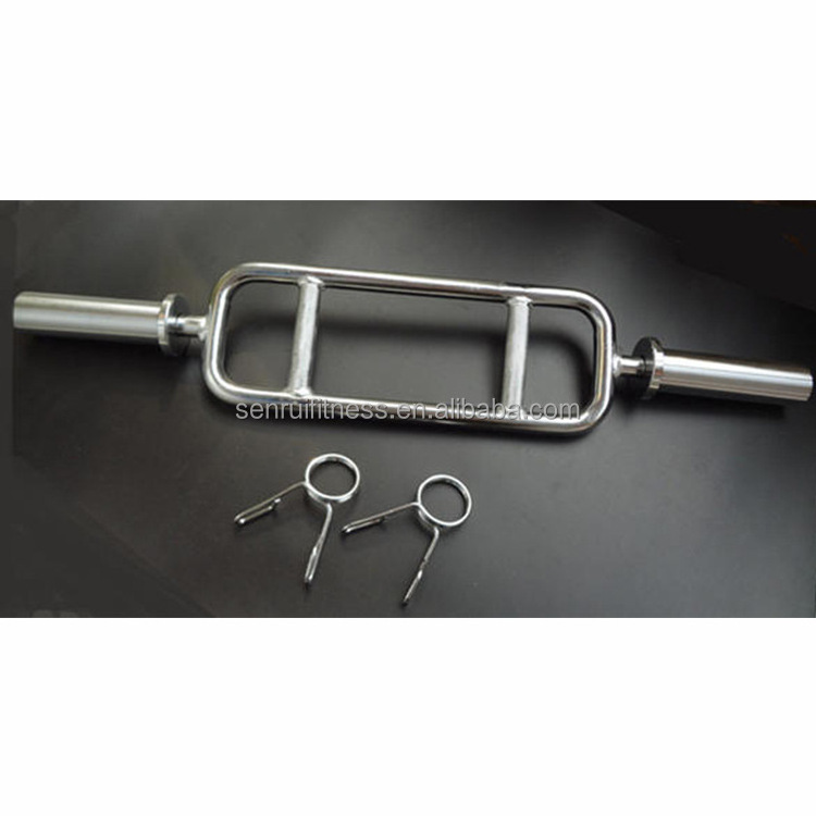 Gym Equipment  34 Inch Threaded Solid Chrome Tricep Bar with Spring Collar