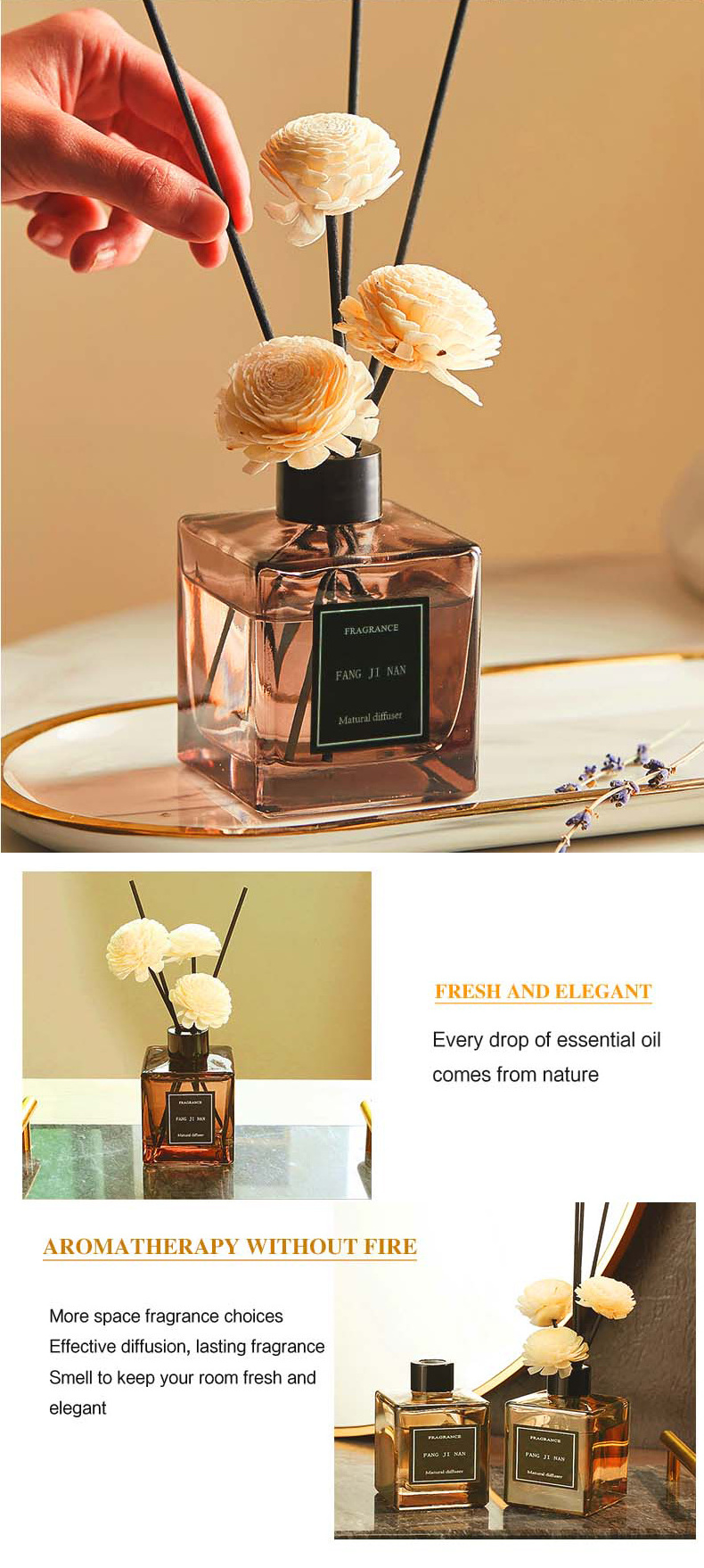 Reed fragrance glass diffuser coffee color flower white bottle luxury reed diffuser with box