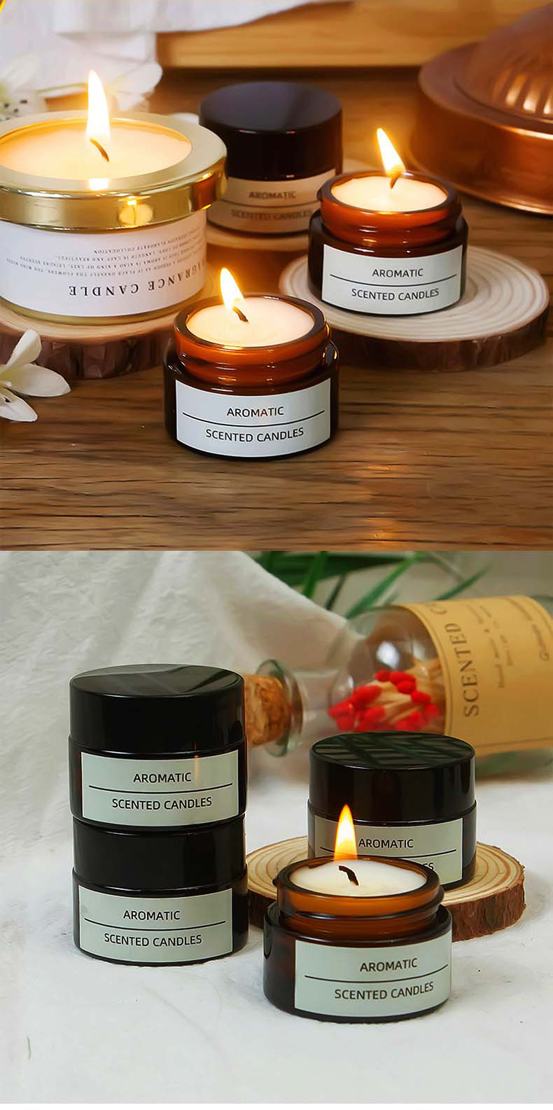 Woodwick candle essential oil small shape add lid pillar black color private label factory price hot sell scented candle