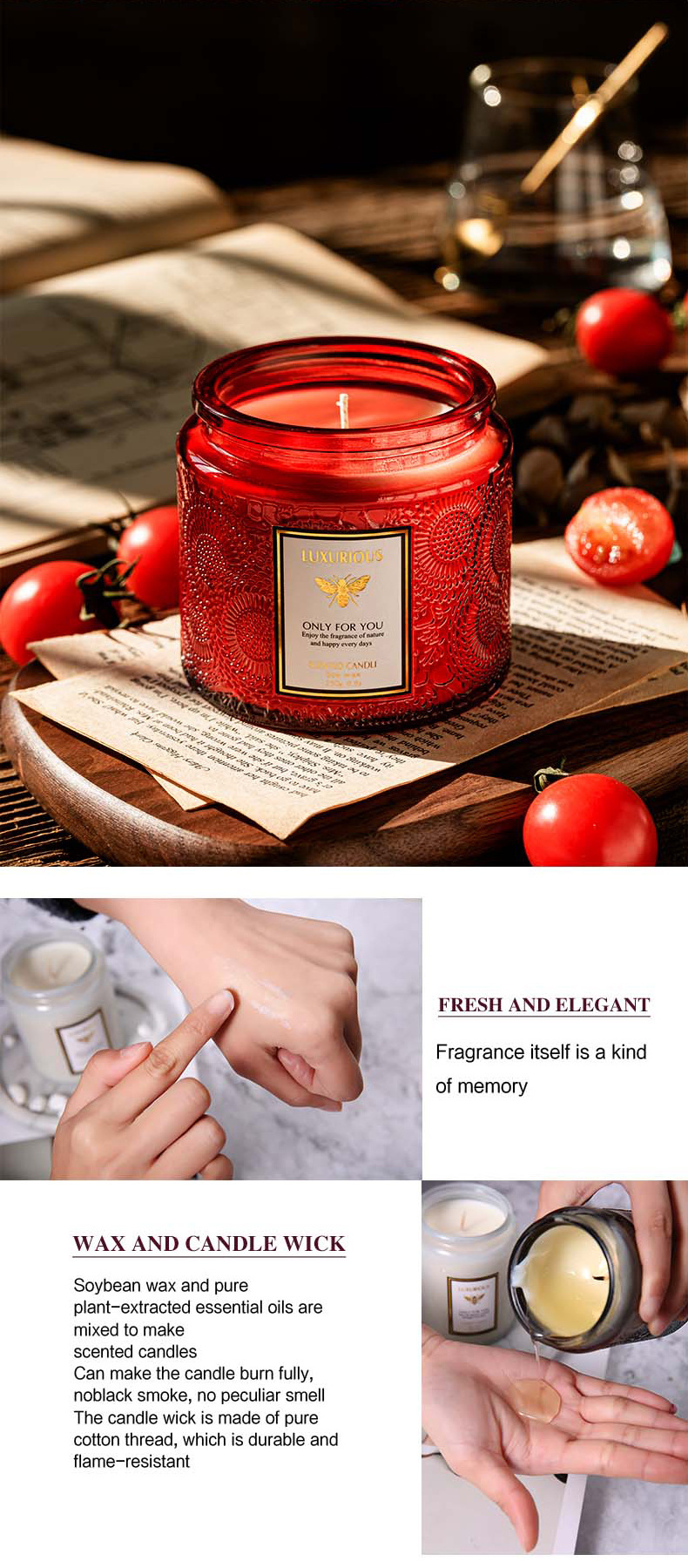 big luxury branded perfumed essential oil 100% soy wax glass jar spa candle large embossed jar scented candle