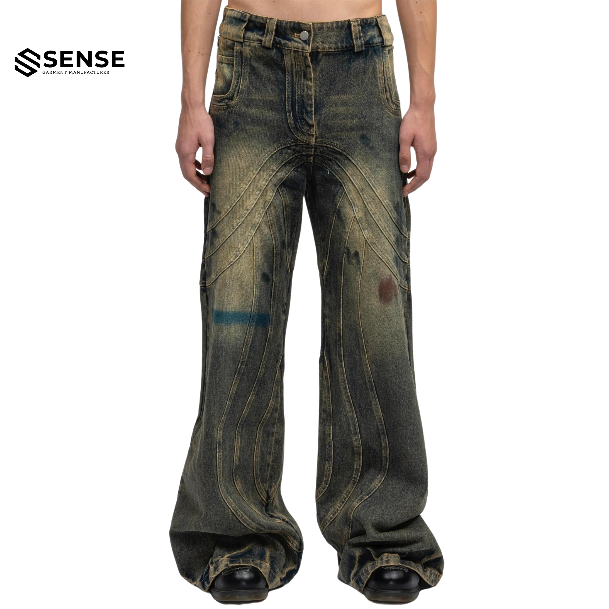 SENSE Custom Y2K Baggy Heavy Vintage Flare Stacked Heavy Denim Unisex Men Jeans Pants