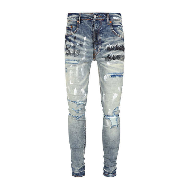 SENSE Customization Wholesale High Street Painted Ripped Distressing Rhinestone Patched Designer Amiry  Men Jeans