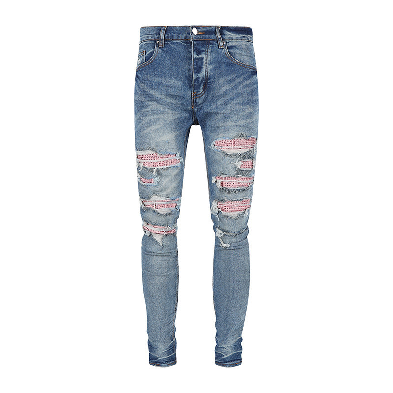 SENSE Customization Wholesale High Street Painted Ripped Distressing Rhinestone Patched Designer Amiry  Men Jeans