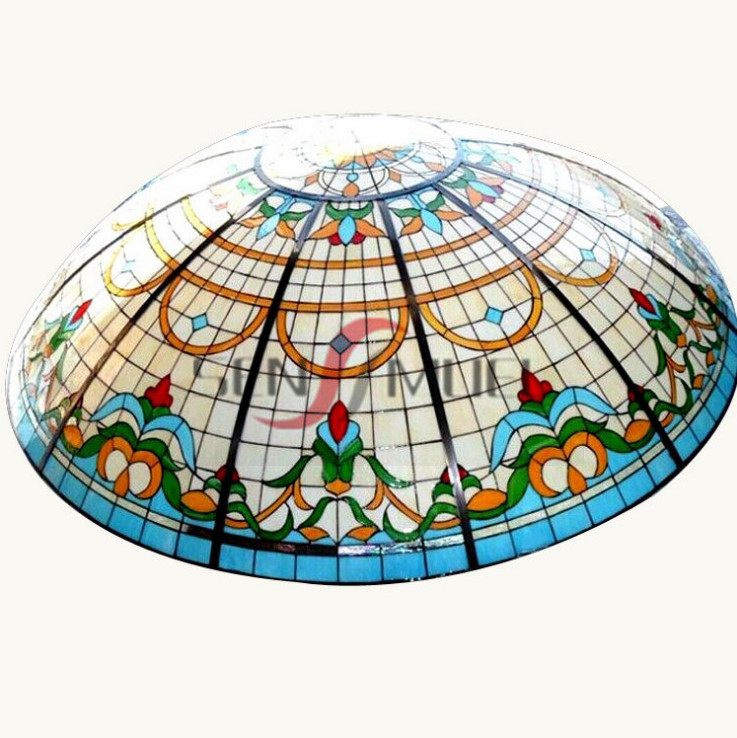 Art pattern Customized Skylight Building Tempered Tiffany Stained Glass Ceiling Dome