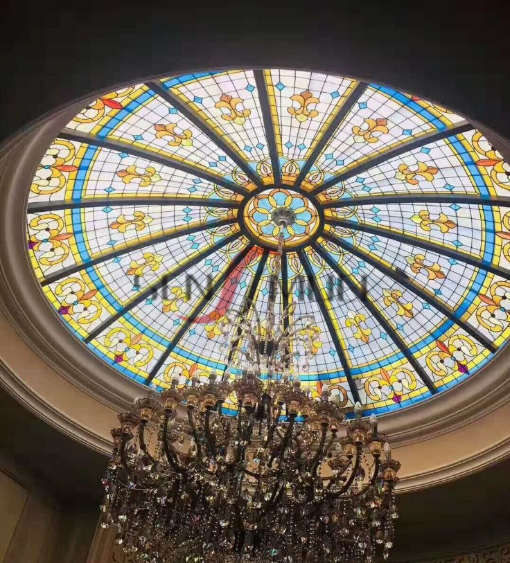 Art pattern Customized Skylight Building Tempered Tiffany Stained Glass Ceiling Dome