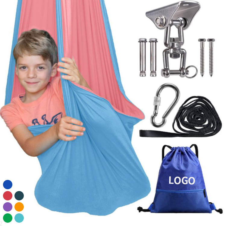 Easily folding ground stand therapy kids hammock double layer eco-friendly cotton autism pod swing for Autism adults relax