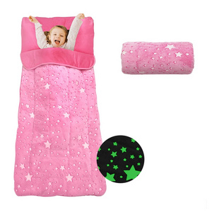 High Quality 100% polyester flannel fleece warm comfortable Luminous Moon Star Glow in the dark kids nap mat For Kids