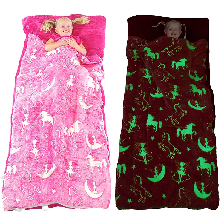 High Quality 100% polyester flannel fleece warm comfortable Luminous Moon Star Glow in the dark kids nap mat For Kids