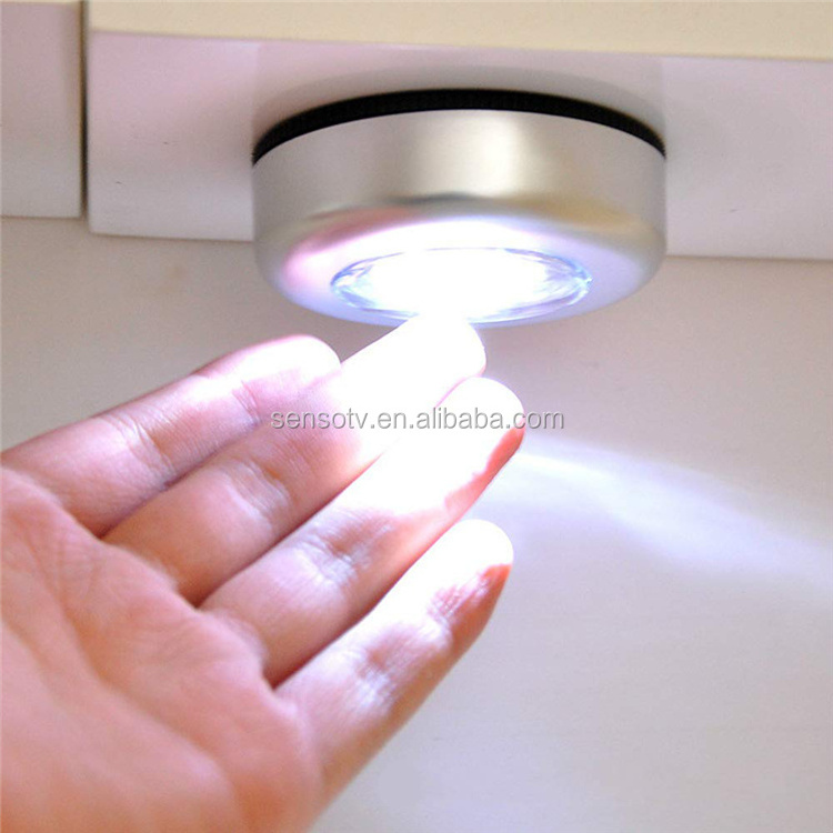 Silver 3 LED Closet Cabinet Lamp AAA Battery Powered Wireless Stick Tap Touch Push Security Kitchen Wall Car Night Light