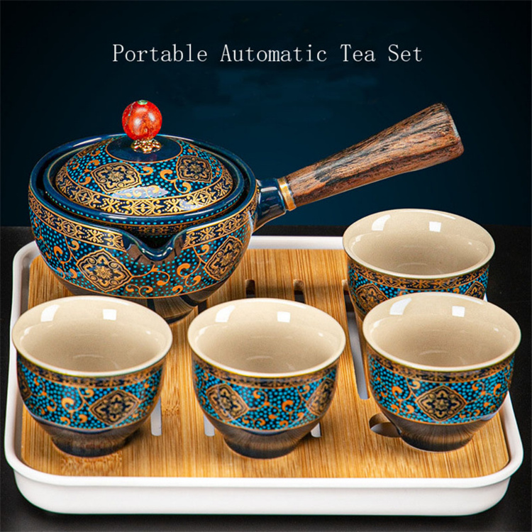 Portable Flower Exquisite Chinese Gongfu Kung Fu Tea Set Ceramic Teapot W/Wooden Handle Side-handle Pot Cup Teaware Dropshipping