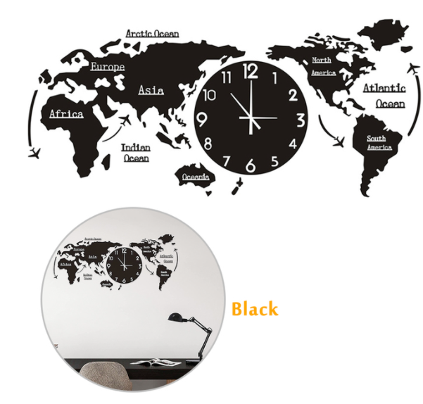 Punch-free big world map wall clock, DIY sticker wall clock,acrylic watch mute modern self-adhesive design clock art clock wall