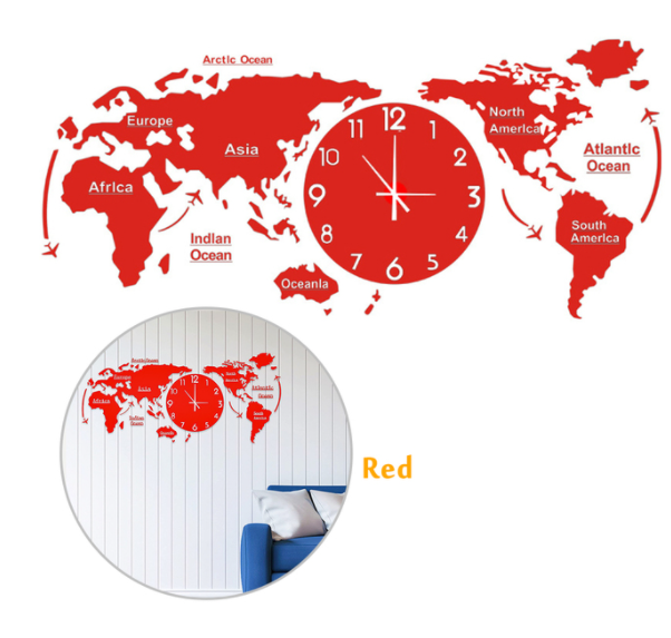 Punch-free big world map wall clock, DIY sticker wall clock,acrylic watch mute modern self-adhesive design clock art clock wall