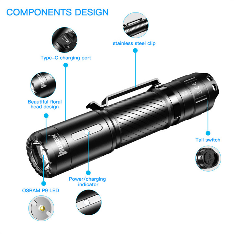 LED Flashlight USB  Rechargeable Torch 1200 Lumens IP68 Waterproof Lantern Light with 2600 mAH 18650 Battery