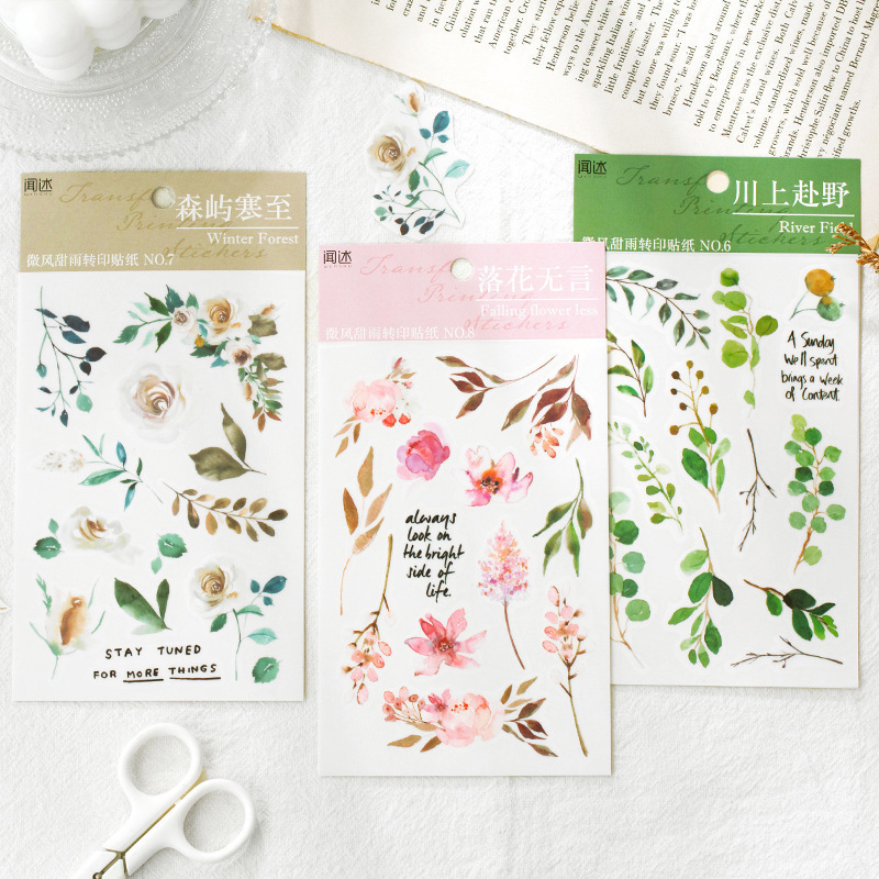 Fresh plant PVC transfer stickers creative breeze sweet rain hand account DIY decorative stickers 2 sheets