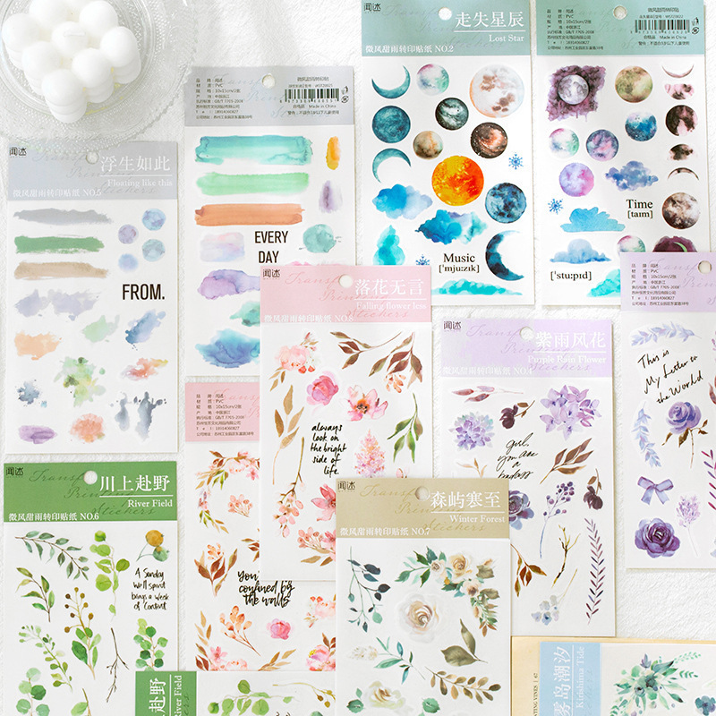 Fresh plant PVC transfer stickers creative breeze sweet rain hand account DIY decorative stickers 2 sheets